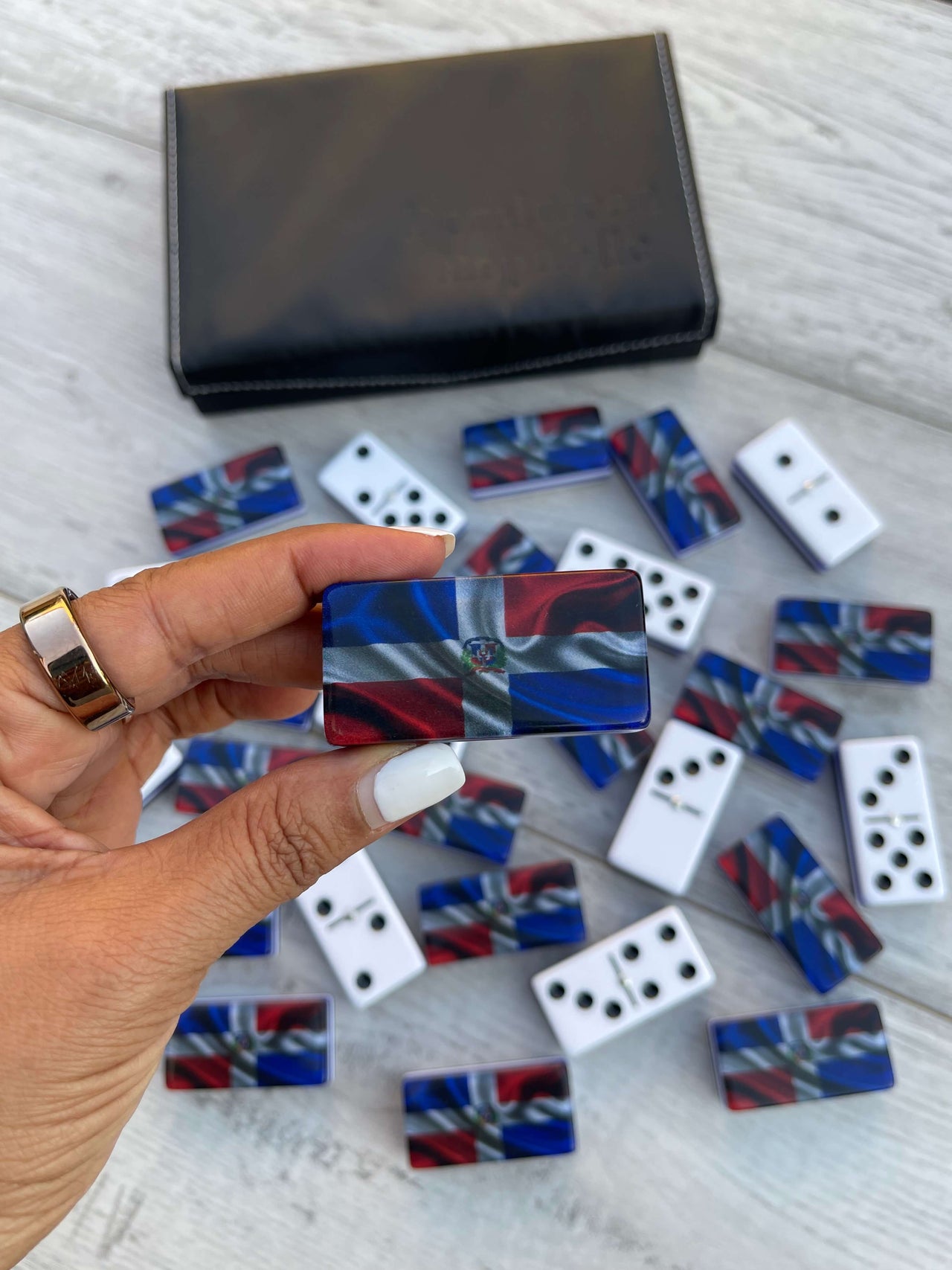 Dominican Republic Flag Jumbo Professional Acrylic Domino Set With Metal Spinner (UPDATED)