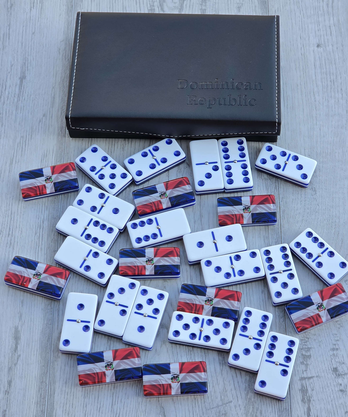 Dominican Republic Flag Jumbo Professional Acrylic Domino Set With Metal Spinner (UPDATED)