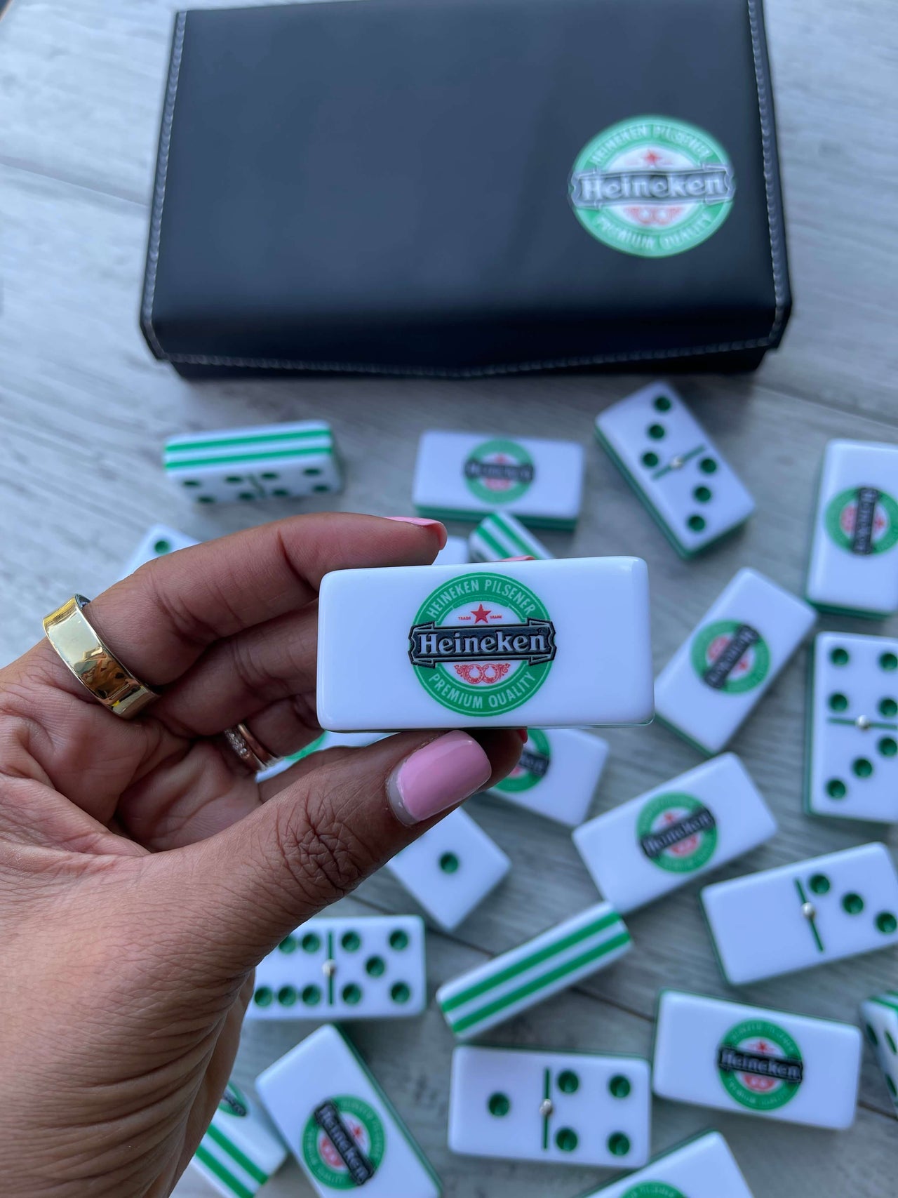 Heineken Beer Custom Dominoes Set Acrylic Dominoes size Jumbo with Spinner