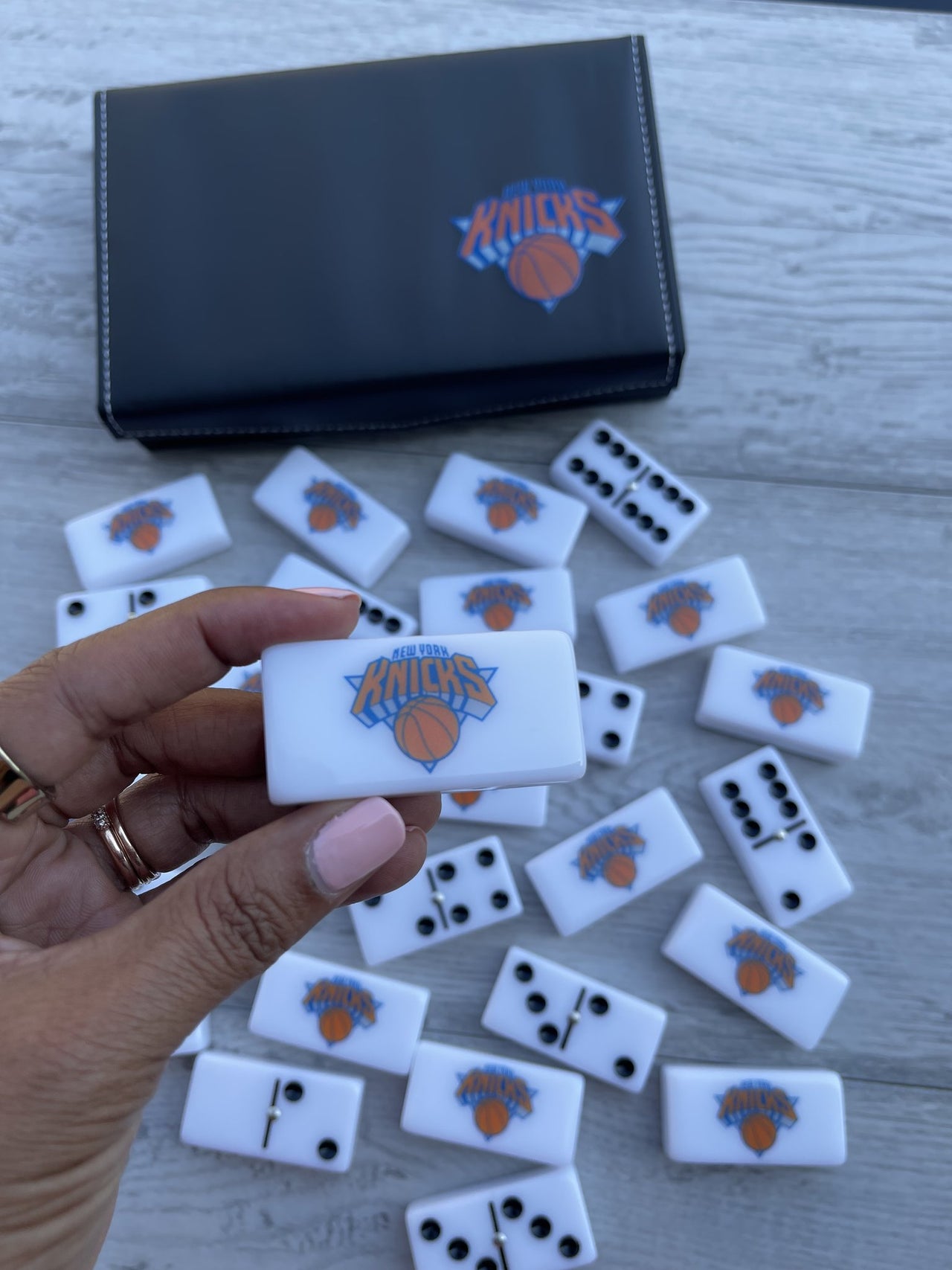 New York Knicks Dominoes Set NBA Basketball Custom Acrylic Dominoes Size Jumbo with Spinner