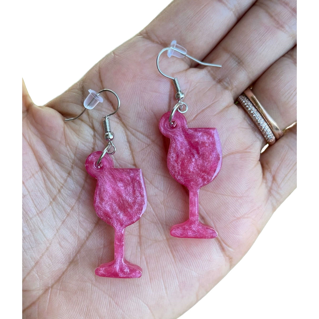 Wine Glass Dangle Earrings made with Resin Pink