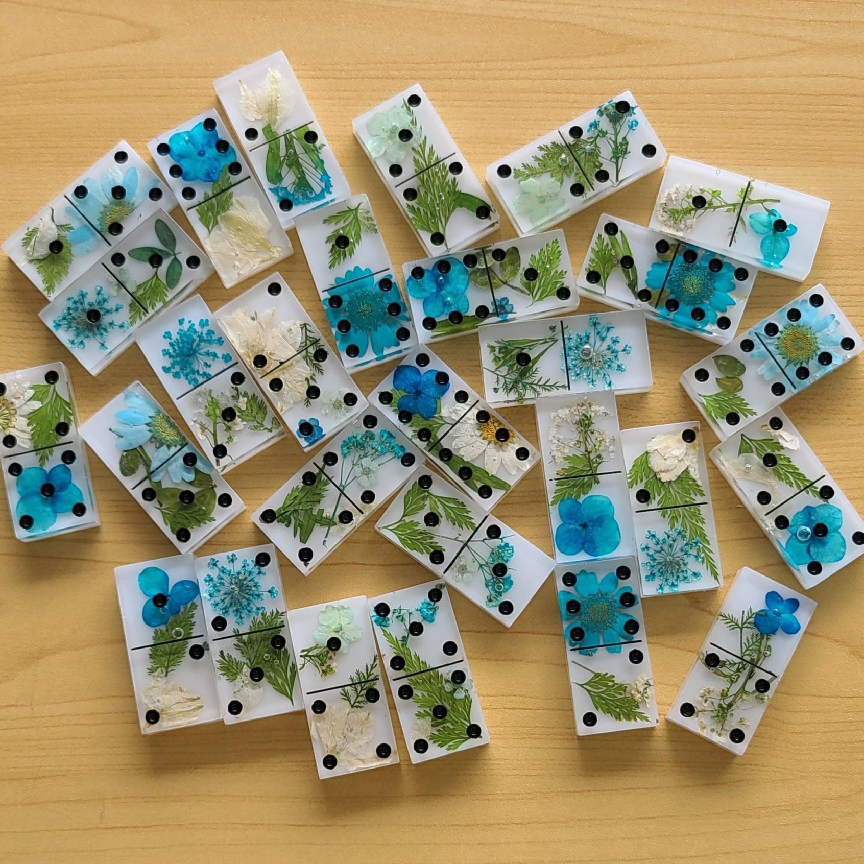Domino Set - Custom Dominoes Set - 28 Domino Set - Flowers Dominoes - Tile Games - Personalized Dominoes - Blue Flowers Custom Gifts